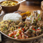 Prato brasileiro com chambari, arroz, farofa de carne de sol e banana-da-terra em composição inspirada na culinária do Tocantins