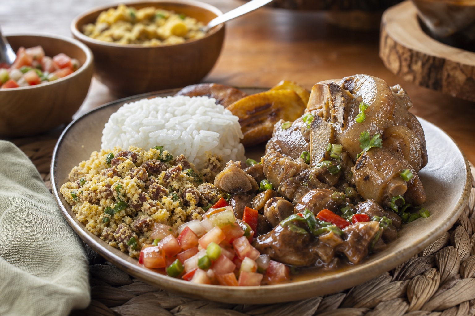Prato brasileiro com chambari, arroz, farofa de carne de sol e banana-da-terra em composição inspirada na culinária do Tocantins